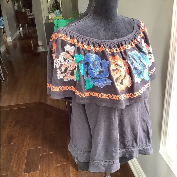 Free People , To The Left Off Shoulder Floral Embroidered Top Black Size M… - Picture 8 of 13